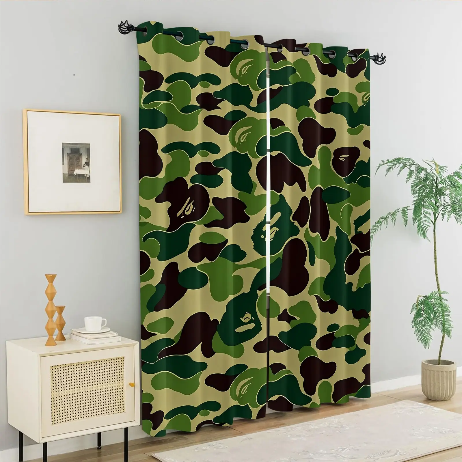 Two-tone Dark & Light Green Jungle Camo Blackout Curtains, Retro Street Style Fabric Window Drapes, Efficient Light Blocking Thermal Decor Curtain for Home, Multiple Patterns Available