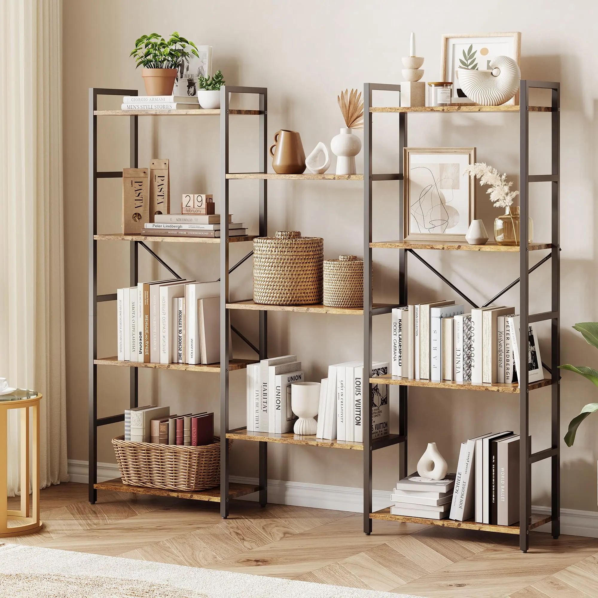 Garvee Industrial Triple Wide 4-Tier Bookshelf with 11 Adjustable Open Shelves, Spacious Rustic Bookcase Featuring a Sturdy Metal Frame, Floor Standing Storage Ideal for Office, Living Room, Bedroom