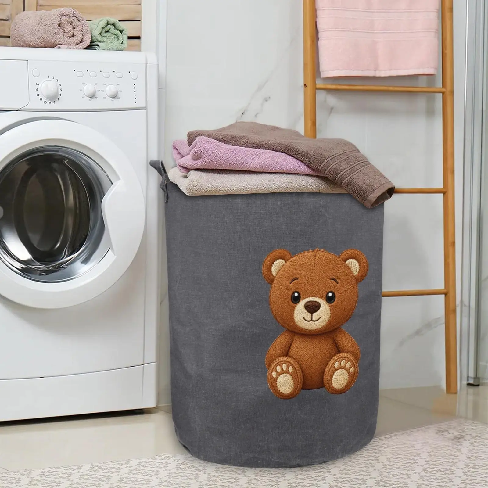 Large Collapsible Laundry Bag Hamper Basket with Handles, 3D Stitch Effect Cute Brown Teddy Bear Decor Prints. Waterproof Storage for Baby Clothes, Toys & Diapers, Multi-use Organizer for Nursery, Kids Bedroom & Warm Home Decoration.