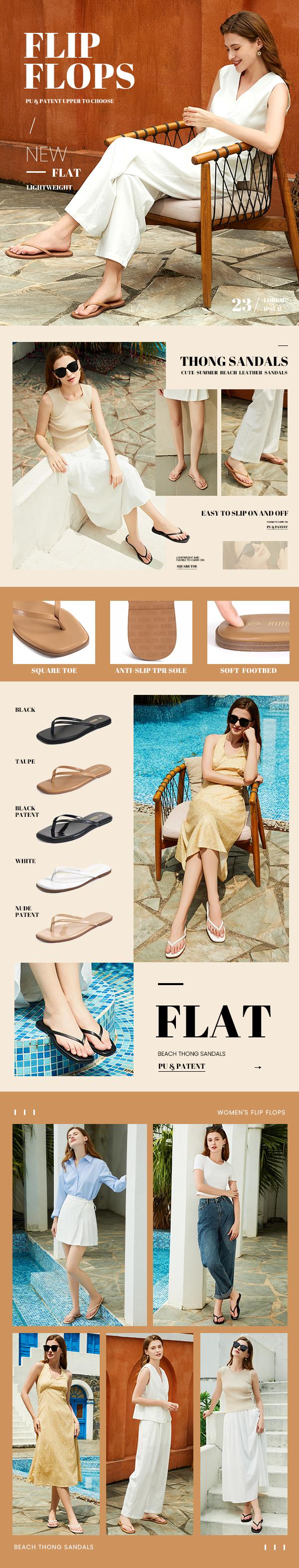 Flip Flops for Women Comfortable Square Toe Beach Sandals Slip On Leather Thong Flat Sandals Dressy Footwear Walking Shoes