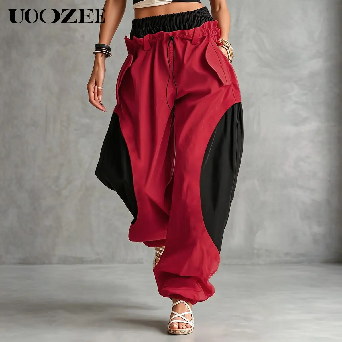 UOOZEE Women's Color Block High Waist Wide Leg Harem Jogger Pants - Polyester, Oversize, Smooth, Graphic, Colorful, Basics, Sporty Chic, Quick Dry, Wrinkle Resistant, with Pockets, Cold Wash, for Casual Streetwear, Coffee Dates, Clothes