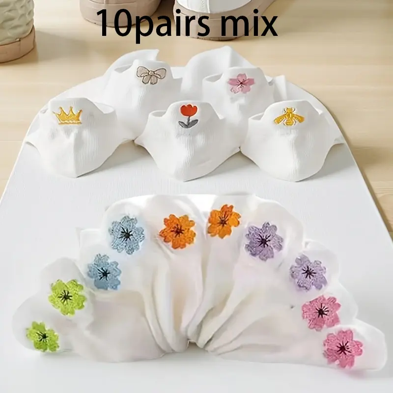 10pairs Mix Women's Summer Embroidered Low-Cut Arch Support Socks, Breathable and Comfortable Ankle Socks with Floral and Butterfly Patterns, Stylish Sport Socks