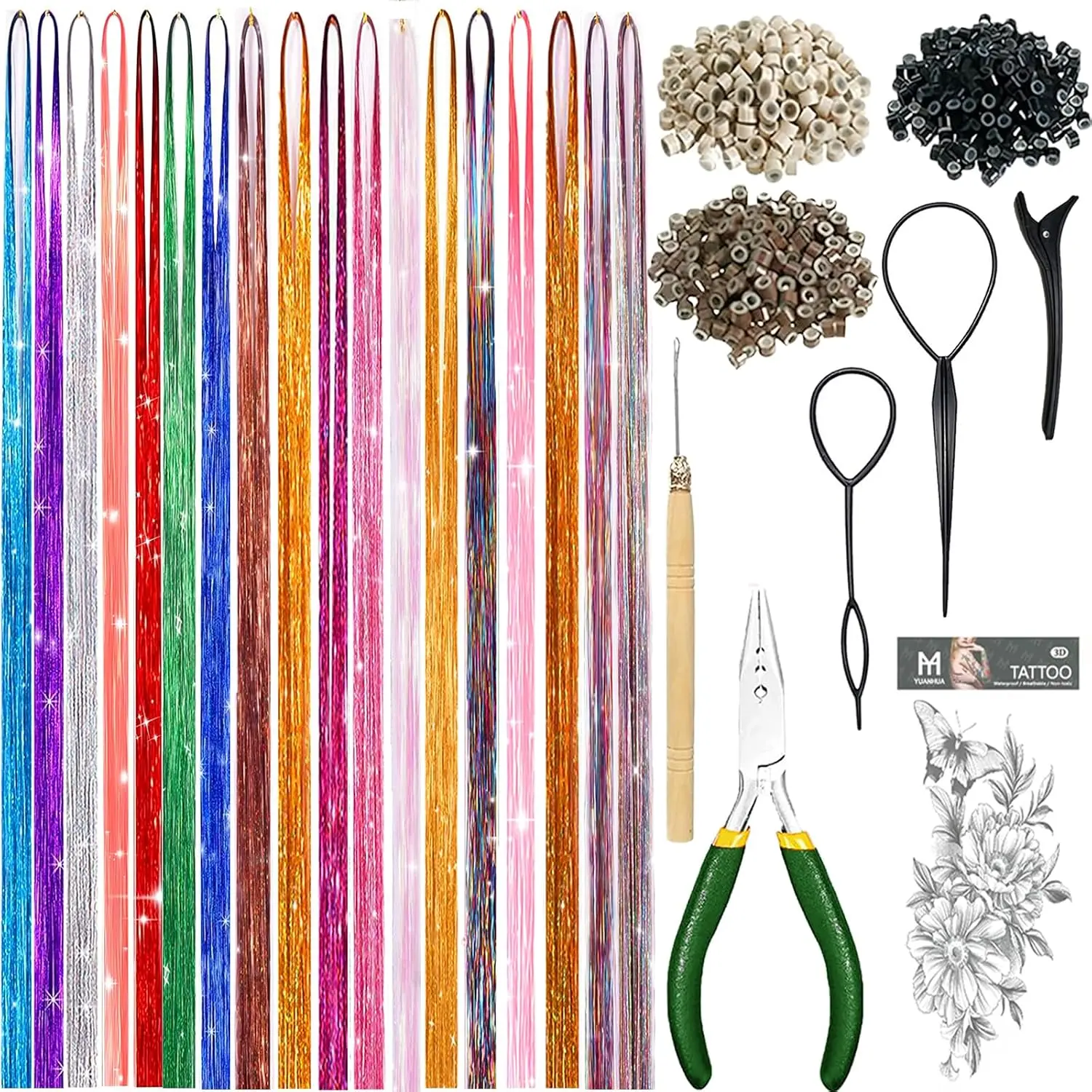 Hair Tinsel Kit, Fairy Tinsel Hair Extensions With Tool 8600 Strands 18 Colors Holographic Heat Resistant Sparkling Hair Glitter for Christmas  Year Party (48 Inch)