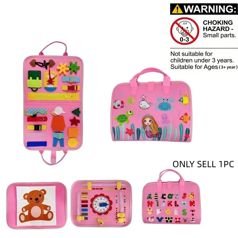 Toddler Busy Board, Felt Preschool Educational Toy with Zippers, Buttons, Buckles & Shoelace Practice, Learn Alphabet, Numbers, Shapes, Colors, Animals & Weather, Portable Handbag Design, Ideal Birthday Gift, Car & Airplane Travel Toy