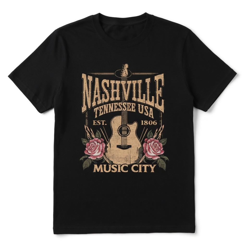 Nashville Music City Graphic T-Shirt, Edgy Guitar & Roses Print Oversized Tee, Tennessee USA Vintage Vibe Short Sleeve Apparel, Aesthetic Country Concert & Travel Souvenir Gift Fashion Top, Viral Trendy Southern Street Style Statement Streetwear Crew Neck
