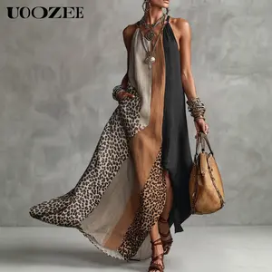 UOOZEE Women's Silky Light Polyester Halter Sleeveless Leopard Print Maxi Dress - Asymmetric Color Block Split, Loose Flowy Long Gown with Side Pockets, Hoop, Ribbon for Vacation Spring Wear
