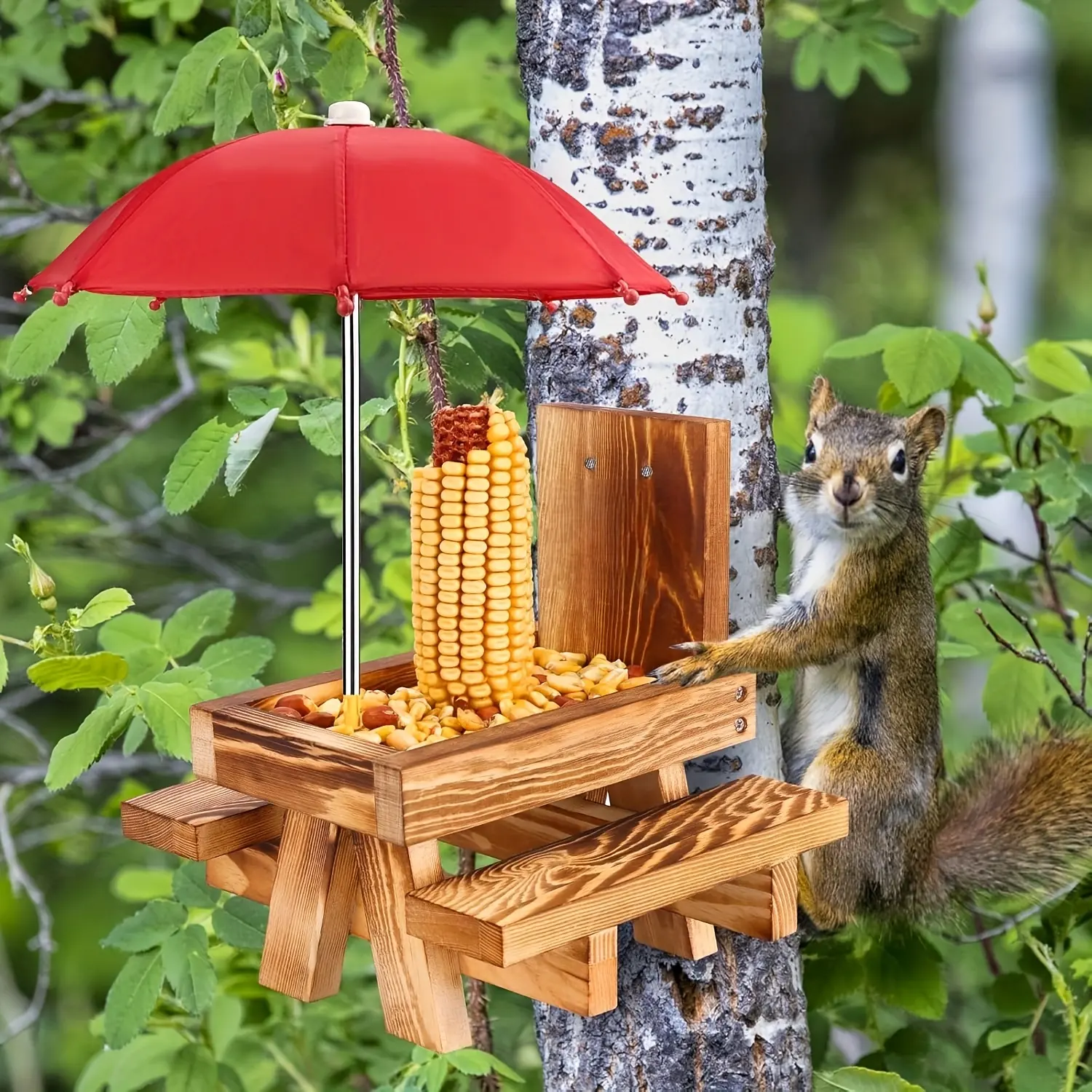 Pine Wood Battery-Free Squirrel Feeder with Small Umbrella Top, Feeding Table - Pet Summer Small Animal Feeding Supplies