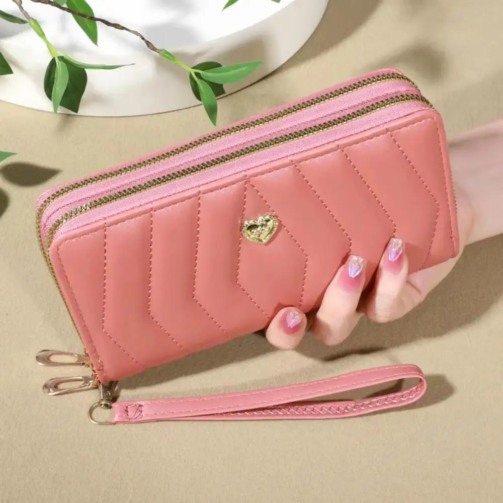 Women's Long Wallet, Cute Double Zipper Wristlet Wallet with Card Holder and Coin Purse Design, Soft Faux Leather Chevron Stitch Purse with Rhinestone Heart Detail, Lightweight Daily Carry Wallet for Travel, Shopping and Work
