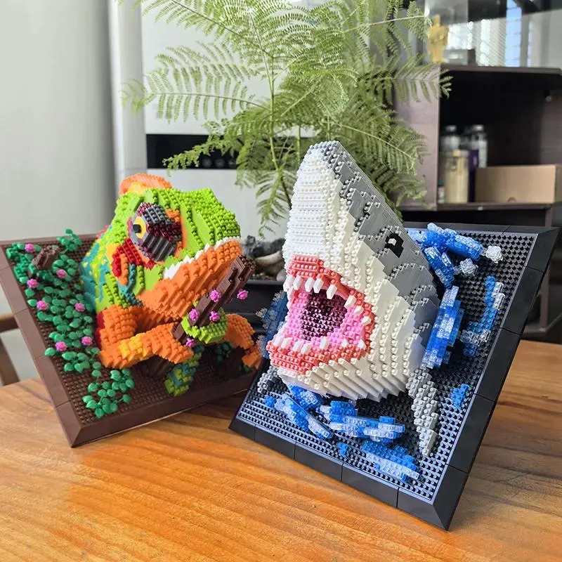 3D Building Blocks Shark Monster Head Mural Wall Block DIY Animal Pendant Wall Decor Wall Hanging Sculpture Home Decor Toys Gift DIY Building Model
