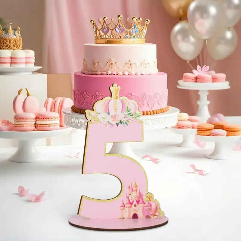 Princess 5th Birthday Number Sign Centerpiece, Her Royal Fiveness Themed Wooden Table Decoration Pink Glitter Gold, Five Years Old Birthday Parties Photo Props Supplies Decor
