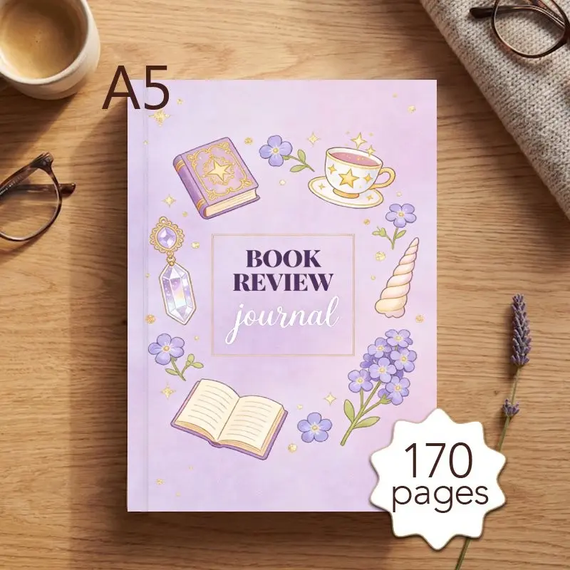 1pc A5 Daily Reading Journal Book Review Notebook, 170 Pages With Bookshelf Illustrations, Reading Log & 52 Book Review Templates, Magical Book Teacup Crystal Flower Unicorn Horn Pattern Stationery For Book Lovers To Record Quotes And Book Notes