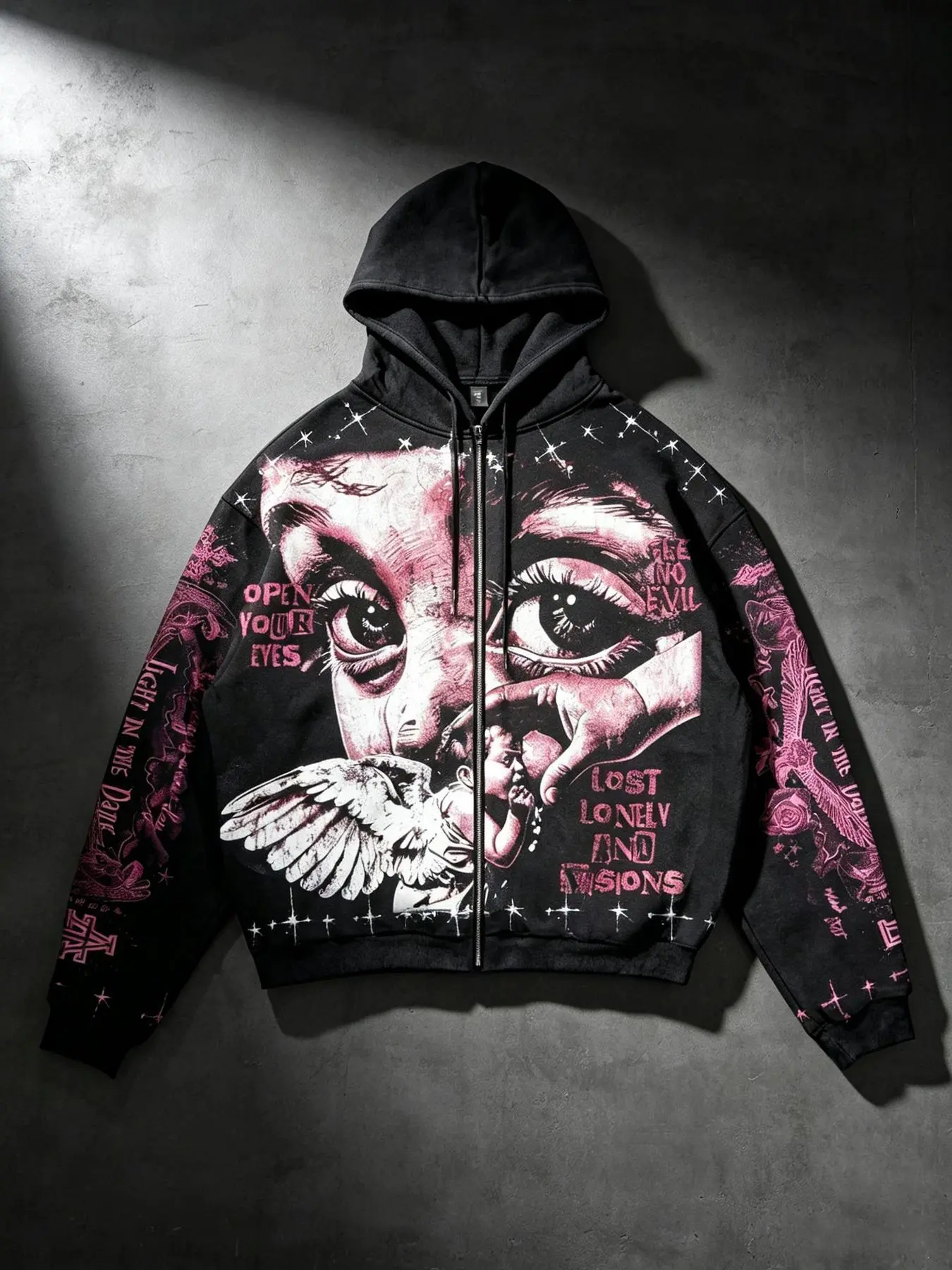 Pink portrait angel wings star-patterned distressed print zip-up cardigan sweatshirt, loose fit, Baggy, versatile unisex zip-up cardigan hoodie, American high street style, everyday street style, fleece-lined sweatshirt, fashionable and trendy street wear