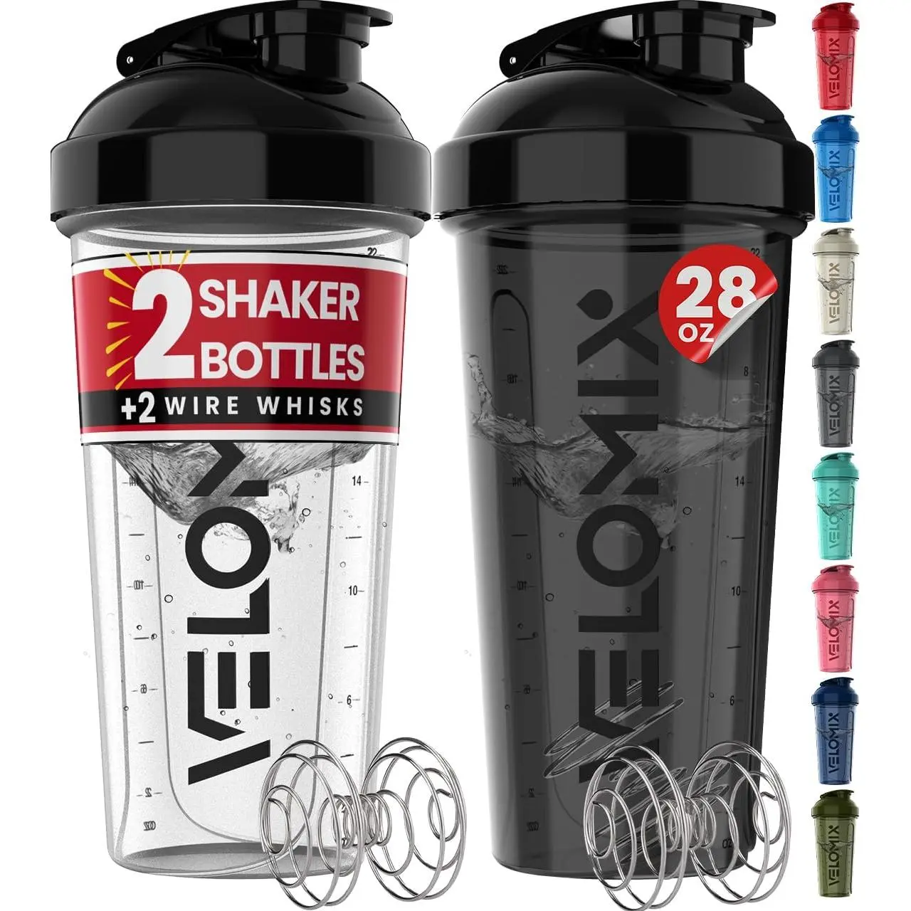 VELOMIX 2-Pack 28 oz Leak Proof Flask Gym-Bag Safe Protein Shaker Bottles with 2x Wire Whisks, Black/Transparent Set Pack for Protein Mixes
