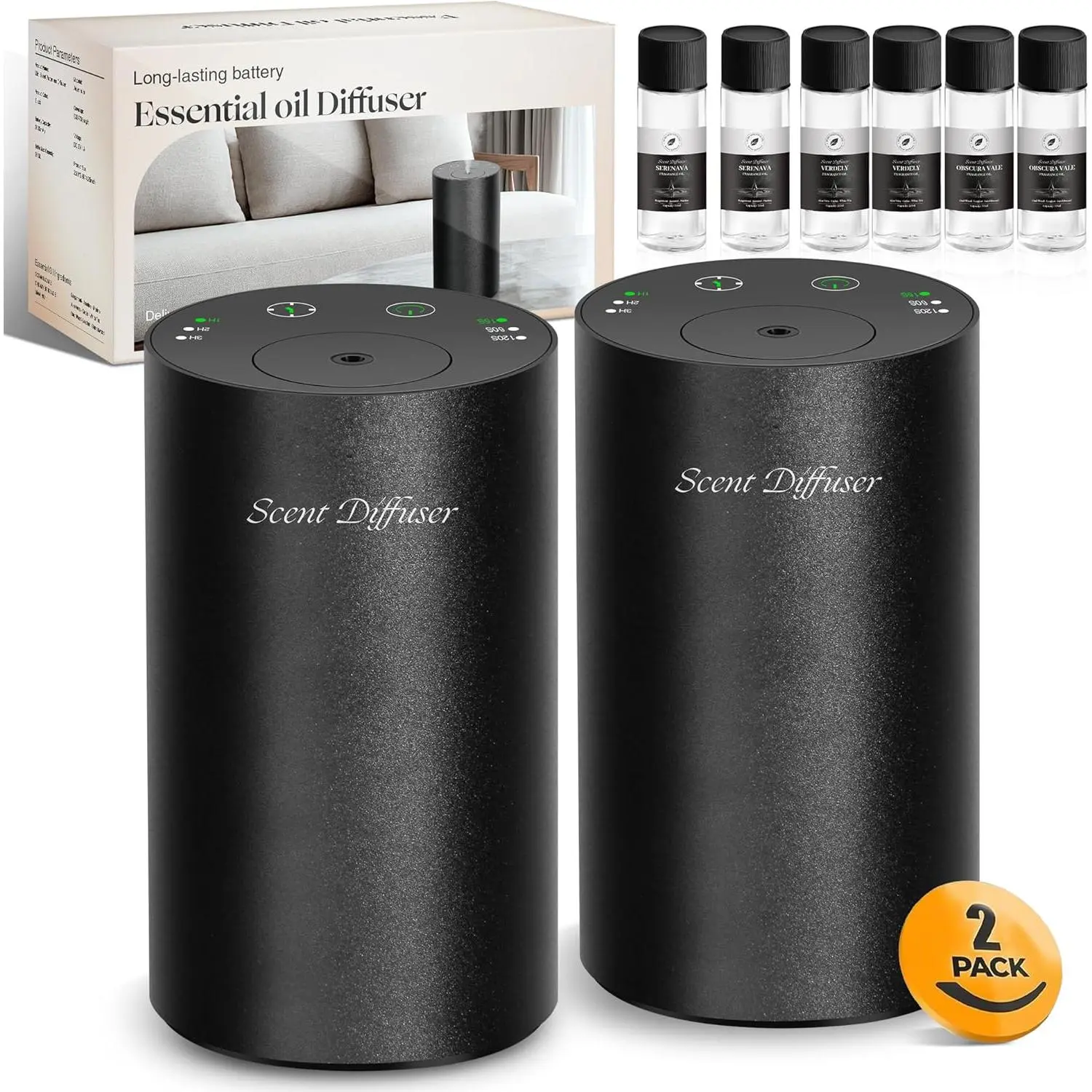 Women's 2-Pack Black Compact Portable Waterless Essential Oil Diffuser Starter Kit - Wireless Battery-Operated Aroma Scent Machine, 3x20ML Oils Included, Fits Anywhere, Home/Camping Aromatherapy Device