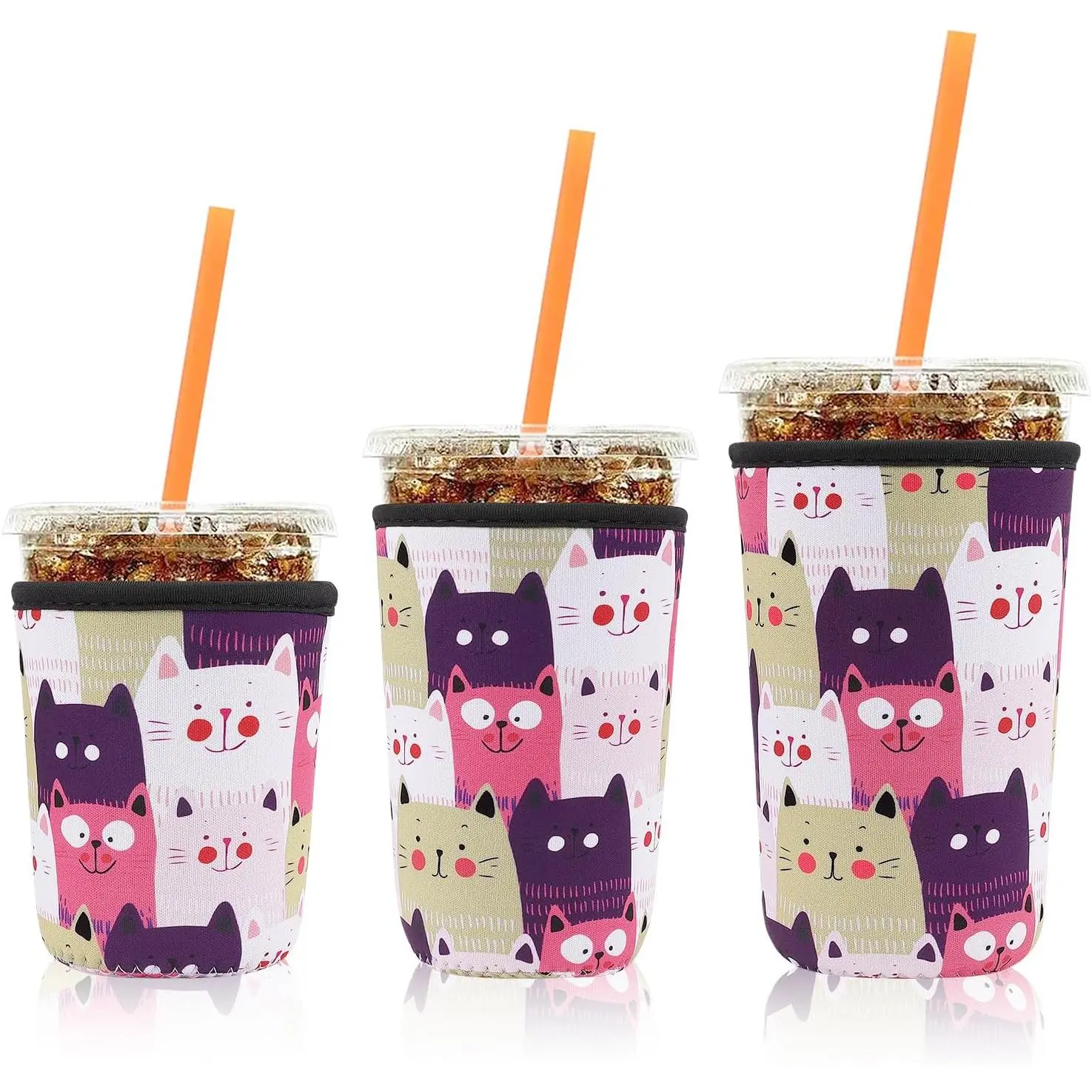 3 Pack  Iced Coffee Protective Sleeves Cup Insulator Neoprene Coffee Cup Cooler Sleeves Holders for 16-18oz/ 22-24oz/ 30-32oz Cold Drinks - Cats
