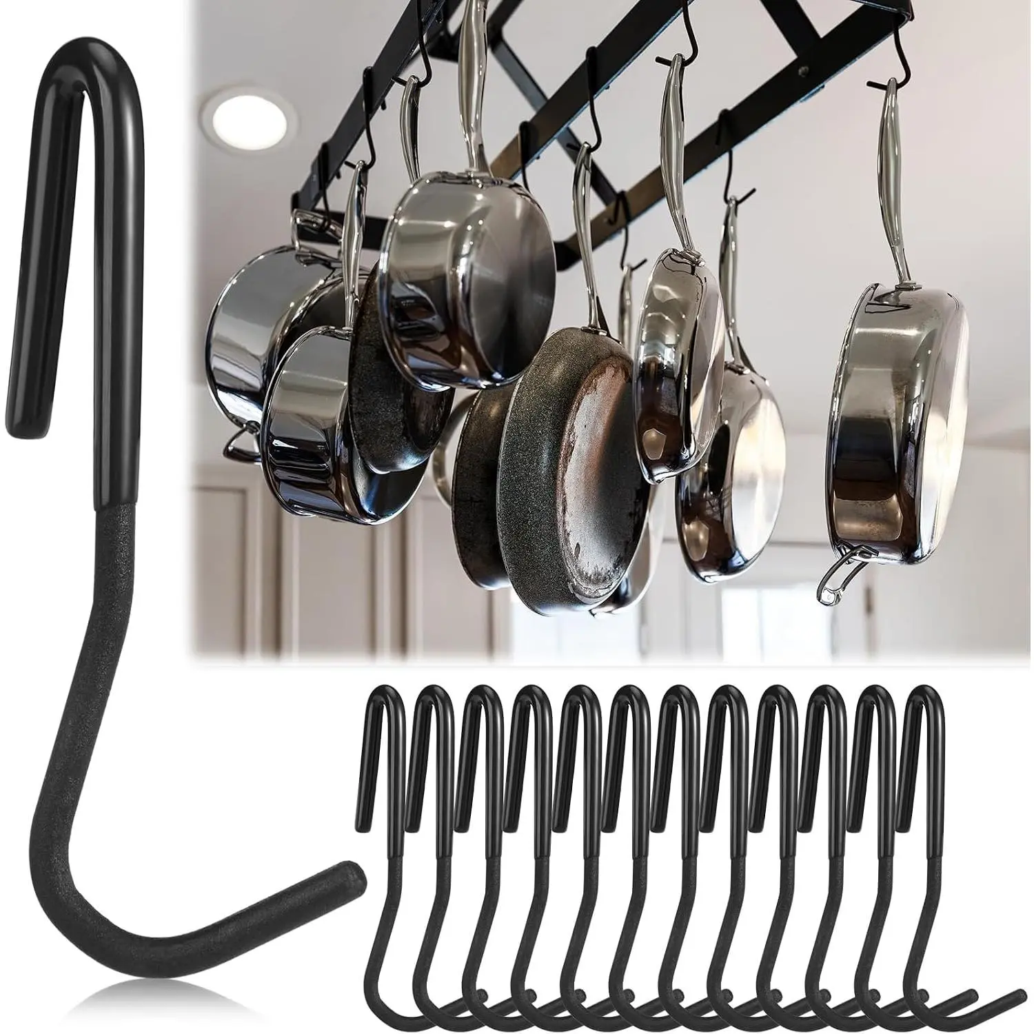 12 count Pot Rack Hooks 5 Inch Black Metal S Hooks for Pots and Pans 90  Twist Angled Hangers for  Kitchen Utensils Towels,
