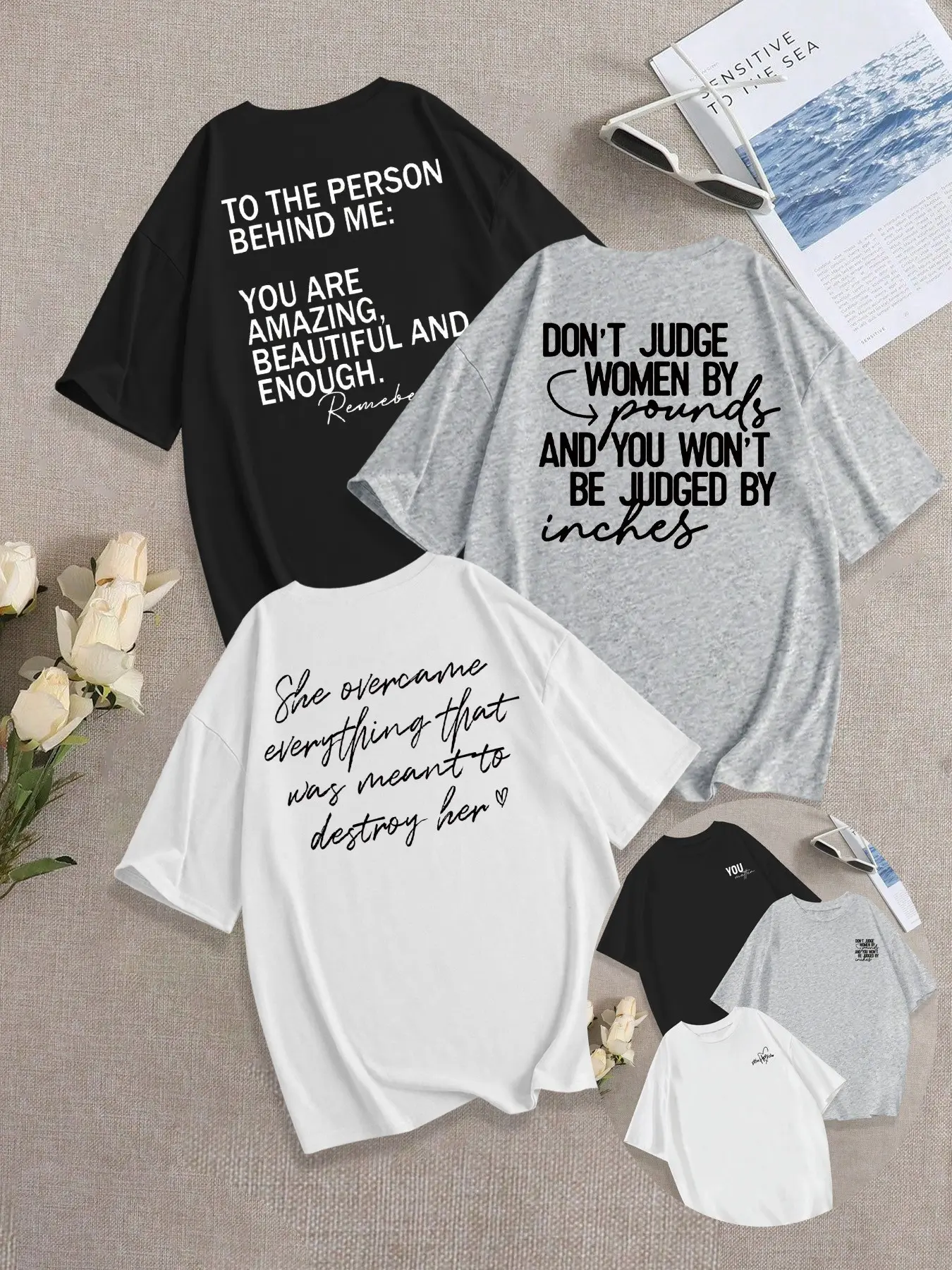 Women's Casual Loose-Fit Round Neck T-Shirt, Letter Print, Short Sleeve, Comfortable Daily Wear, Fashionable Versatile Top, 3-Pack