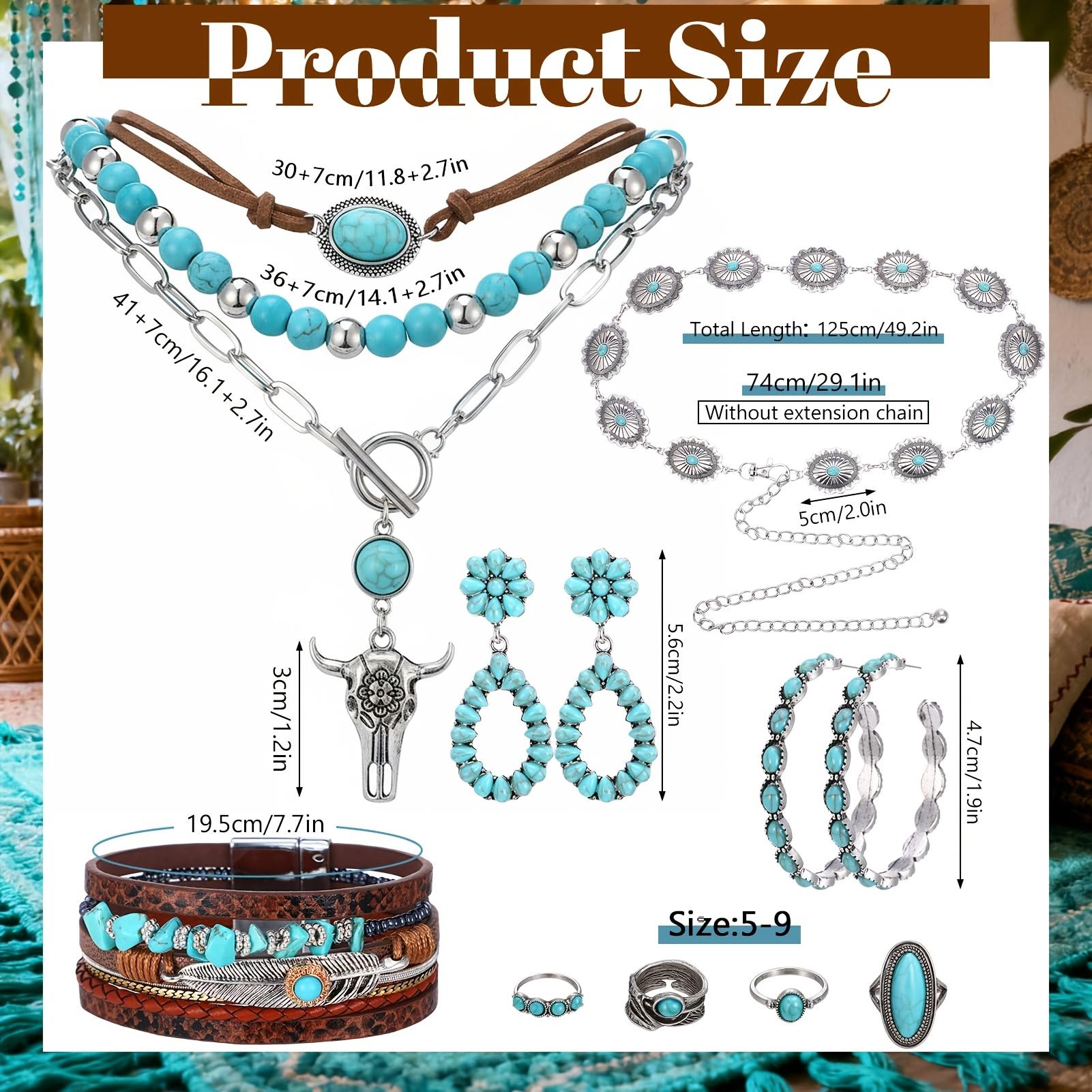 Western Jewelry Set - Boho Turquoise Dangle Earrings, Necklace, Bracelet, Ring with Concho Belt for Women |   Vintage Style, Silver Plated, Artificial Crystal, Copper, Ideal for Gift-Giving and Party Occasions, All Seasons