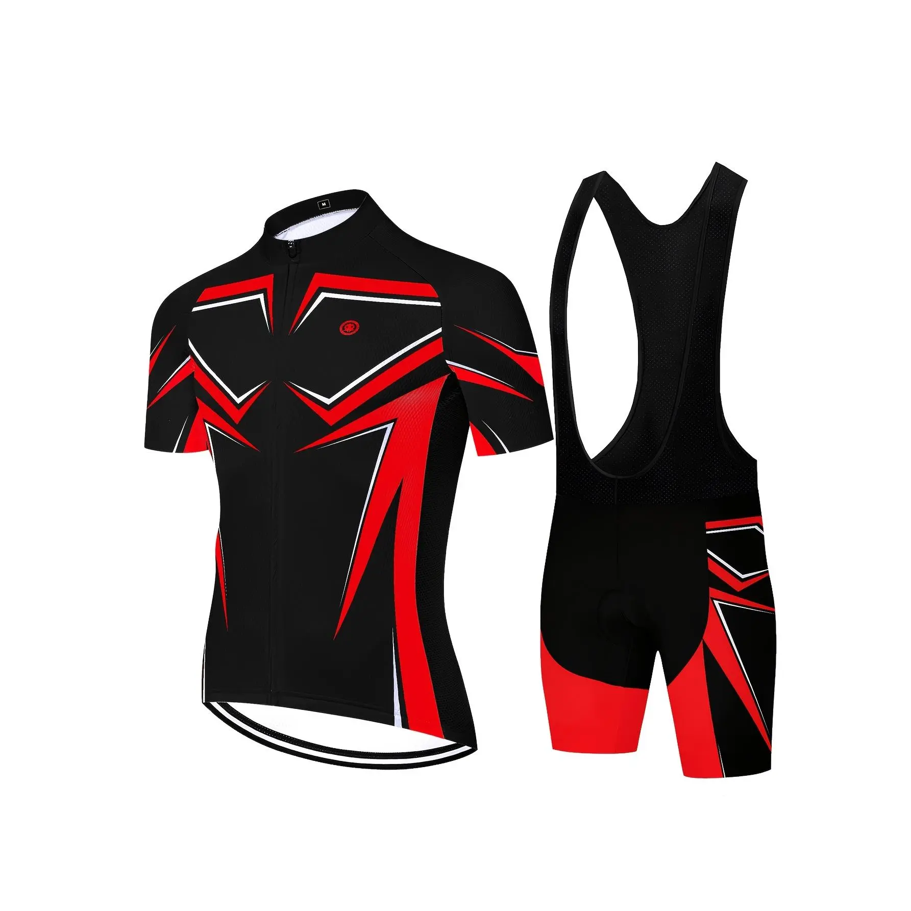Comfortable red geometric print cycling outfit set with black belt shorts. 20D seat cushion and short-sleeved bike shirt with three rear pockets.
