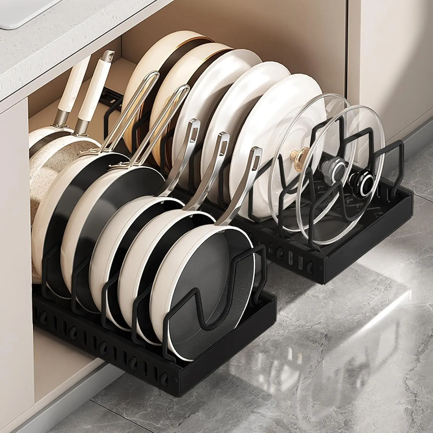 2 Pack Pull Out Cabinet Organizer for Pots and Pans, Black Storage Rack with 8 Adjustable Dividers, Kitchen Cabinet Organizer for Pot Lids, Bakeware, Dishes Storage