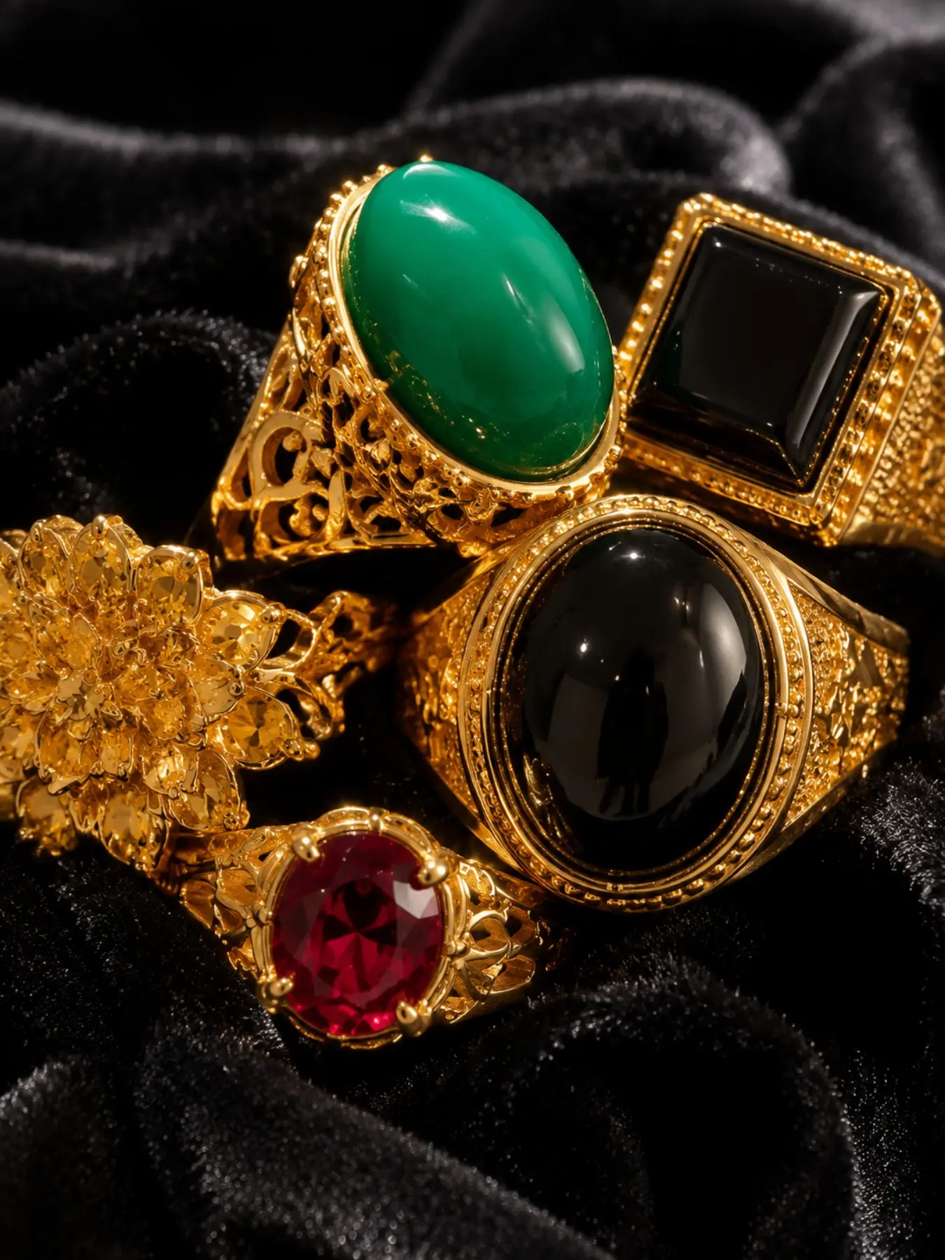 Vintage Gemstone Rings Set for Women, 6pcs Emerald Onyx Ruby Statement Rings, Antique Cocktail Rings, Retro Jewelry Gift