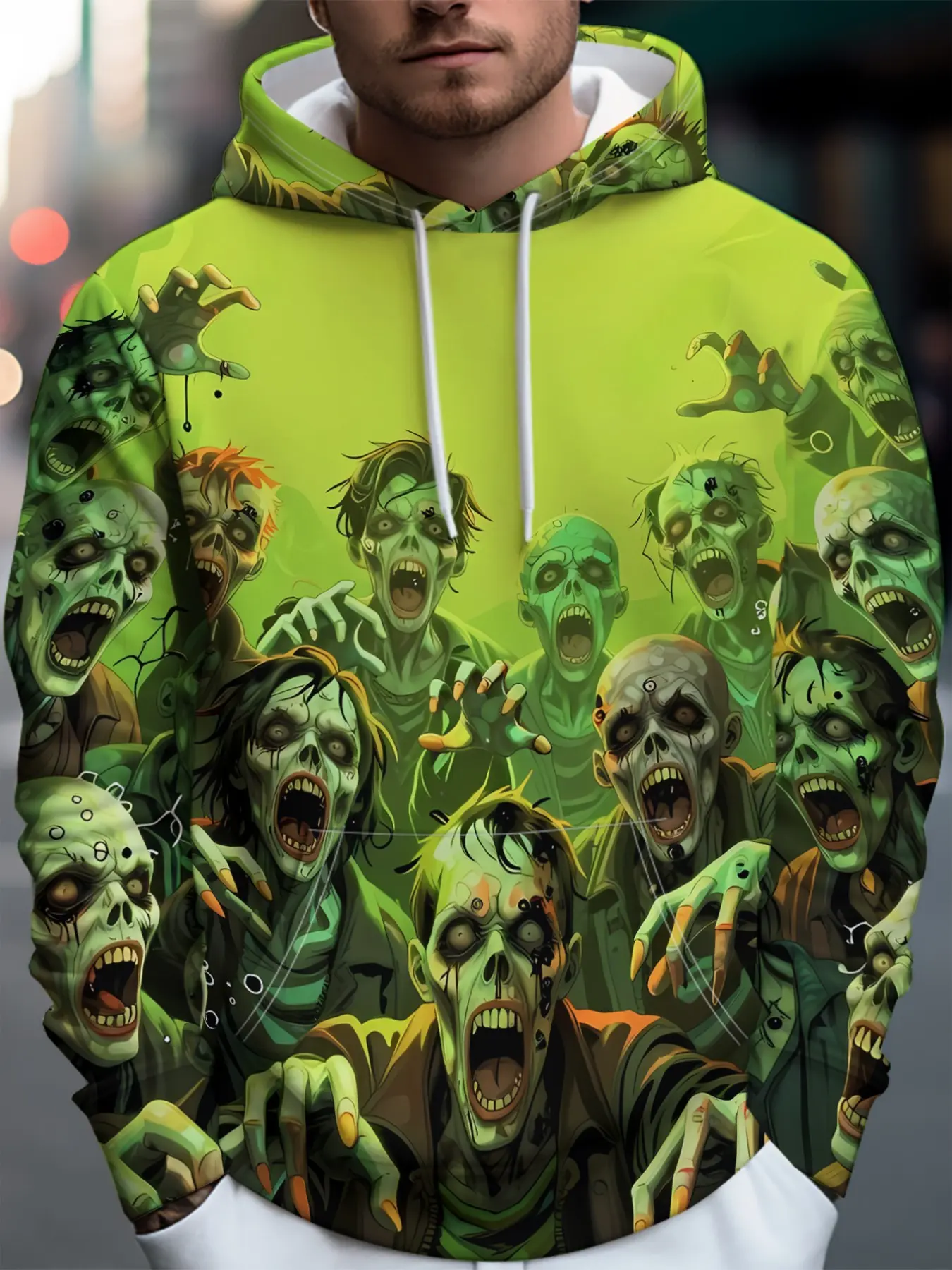 Dark Zombie Print Hoodie, Halloween Horror Style, Casual Loose-Fit Sweatshirt, Spring & Fall Fashion,
