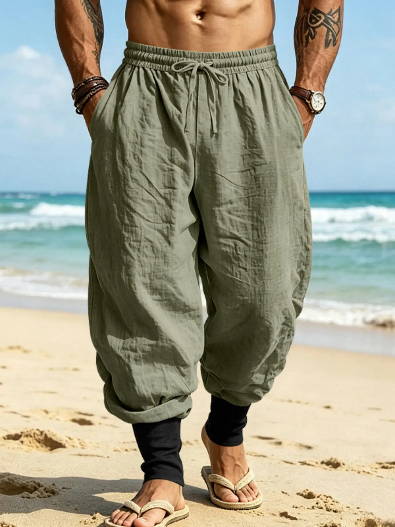 Men's Linen Harem Jogger Pants, Elastic Drawstring Waistband, Loose Baggy Fit Ankle Cuffed Trousers, Lightweight Breathable Casual Pants For Beach Vacation Walking Summer Daily Outdoor Wear