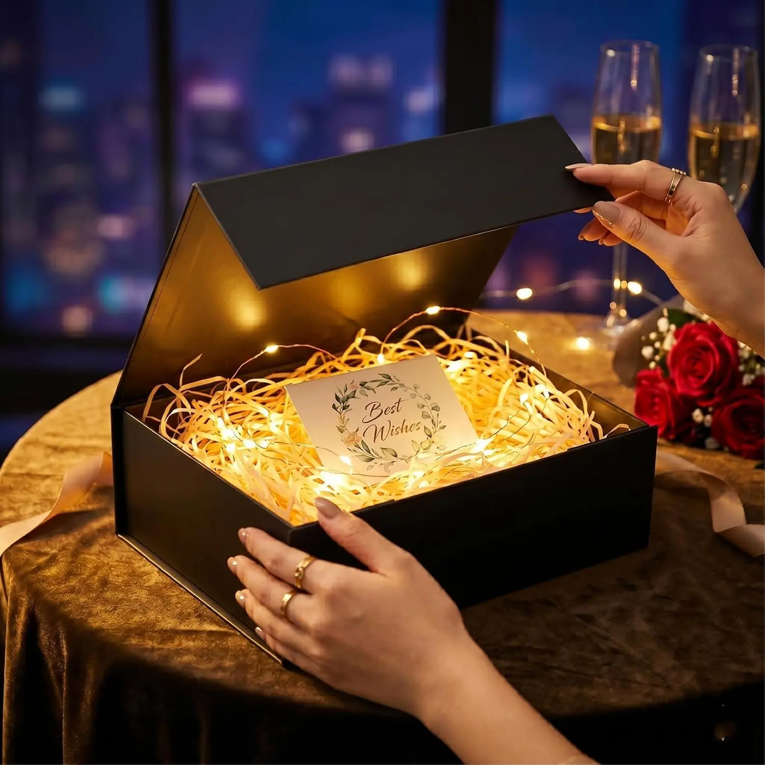 Black  Box, 9.5x6x3''  boxes for Presents with  |  Closure, Rectangle Collapsible, For Bridesmaid Proposal, Christmas, Birthday Packaging, Contains Fairy Lights