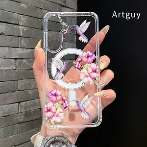 Magnetic Phone case for  Samsung Galaxy S26 Edge S23 Ultra S24 Plus FE S25 S22+ Hummingbird and Hibiscus Pattern Non-Yellowing Shockproof Soft Silicone Transparent Acrylic Large Hole Cover Supports Wireless Charging