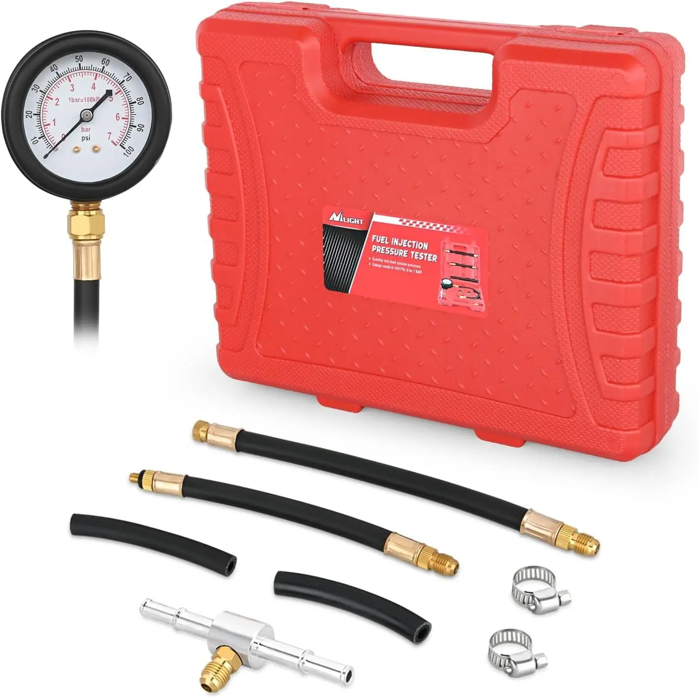 Nilight 9-Piece Fuel Pressure Gauge Tester Kit Set - 0-100 PSI Max Brass Alloy Dual-Scale Diagnostic Tool for Cars/Trucks, Gasoline Fuel Testing on Injection Pumps, Compact