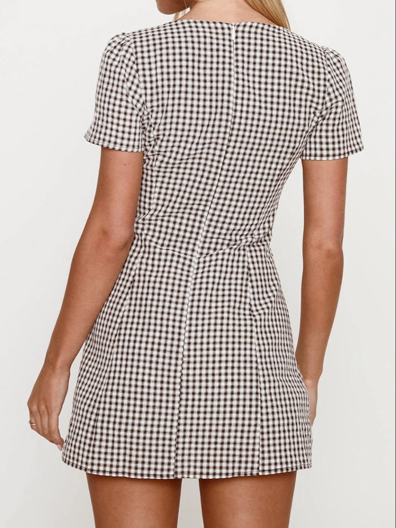 Women's Plaid Print Button Decor V Neck Dress Casual Basic Fashion Short Sleeve Dress for Daily Outdoor Wear Ladies Clothes for All Seasons Sexy Shirt Mini Dress Womenswear