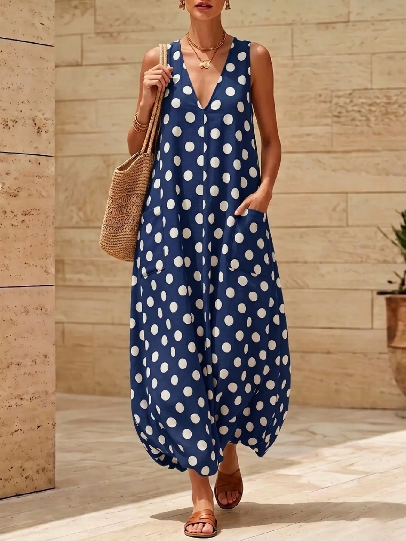 2026 Summer New Retro Colorblock Long Dress, Polka Dot V Neck Loose Fit Dress, Double Pockets Sleeveless Flower Bud Dress