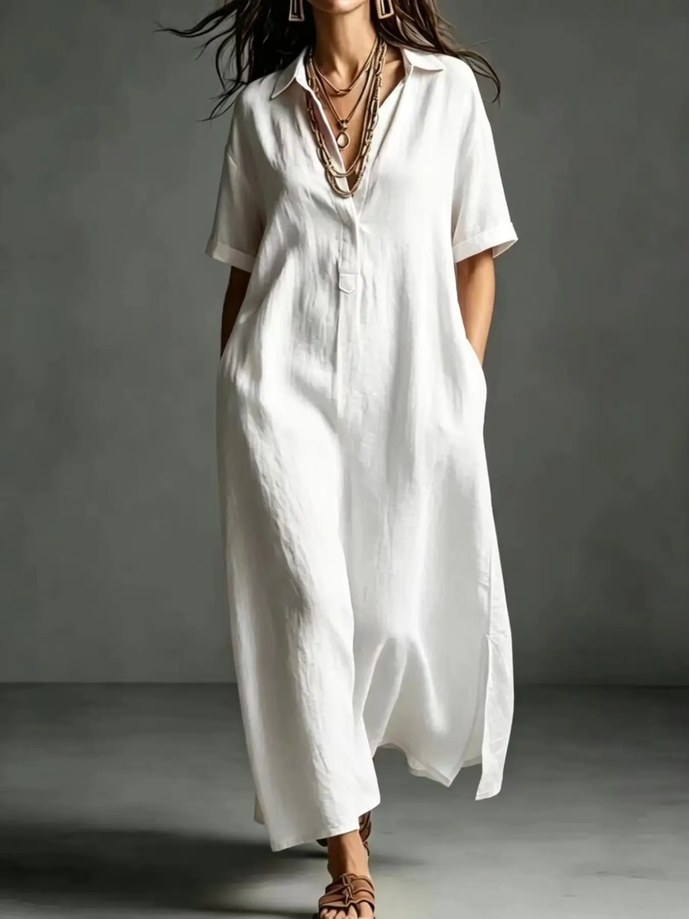 European and American Style Loose Breathable Long Dress, Summer Short Sleeve Collar Half Open Front with Pockets, Side Split Vacation Dress