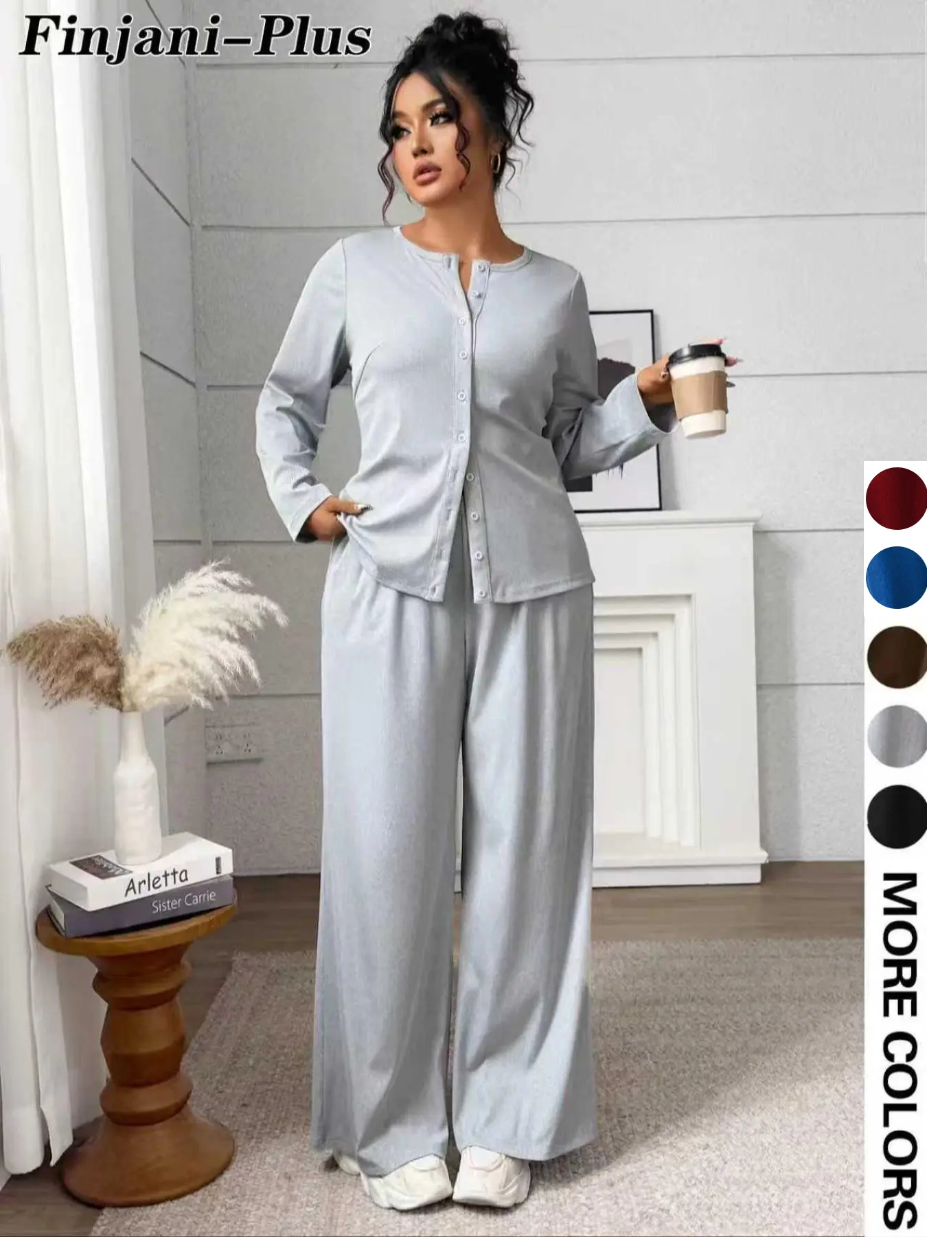 Plus Size 2 Piece Set for Women, Chocolate Button Front Top, Long Sleeves, High Waist Wide Leg Pants, Casual Comfy Loungewear