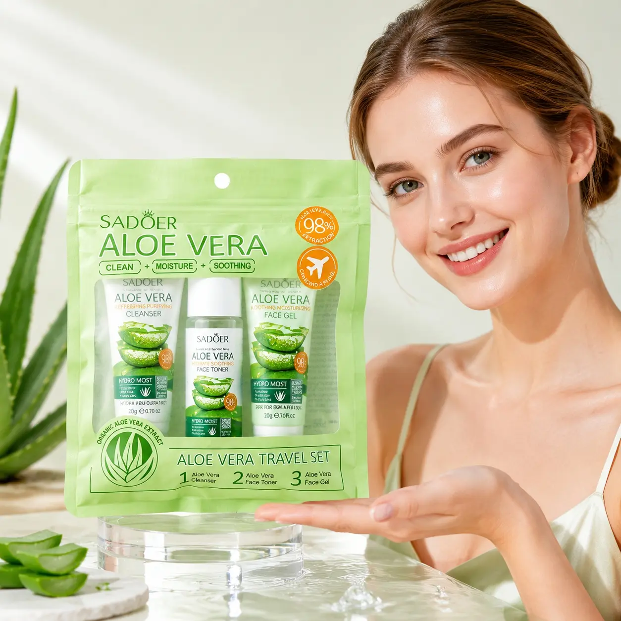 SADOER Aloe Vera Travel Skincare Set, 3-Piece Mini Face Care Kit with Cleanser 20g, Face Toner 20ml and Face Gel 20g, Aloe Vera + Niacinamide + Beta-Glucan + Tocopherol, Hydrating Soothing Daily Routine