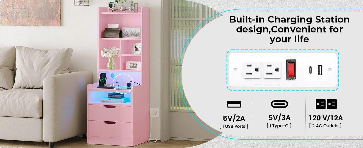 Sikaic LED Tall Nightstand with Bookshelf Charging Station Pink Modern Bedside Table RGB LED Lights 2 USB Ports Storage Drawers Multifunctional Light Strips