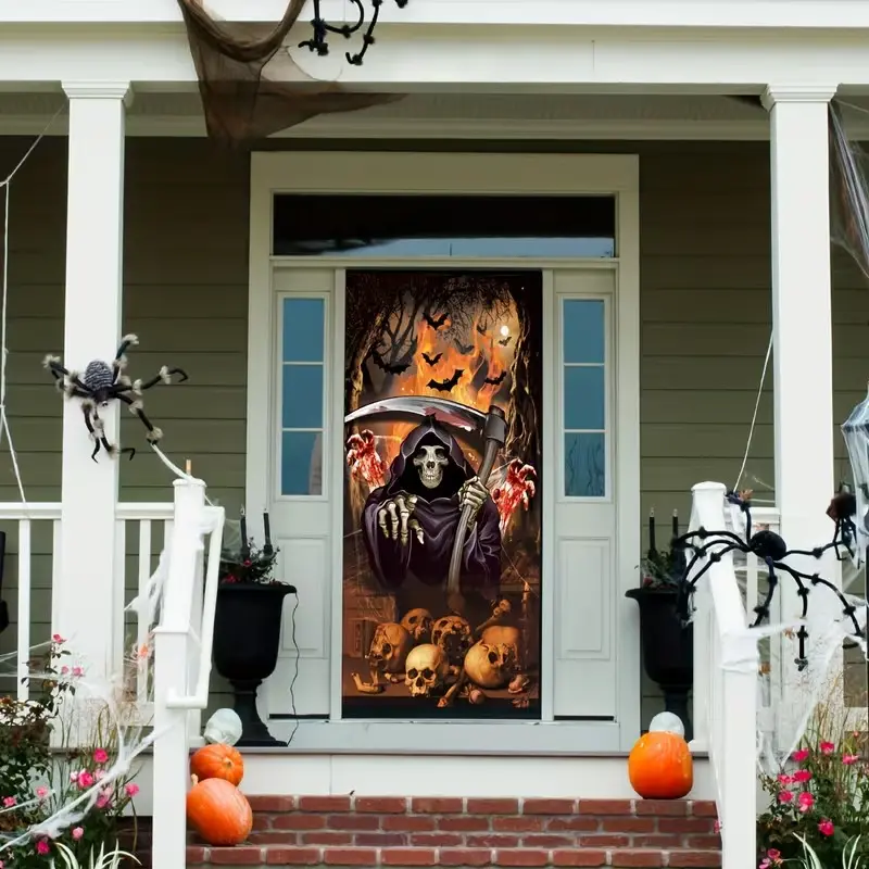 Halloween Door Cover, 2D Flat Banner Horror Skull Design, No Power Needed, Perfect for Halloween Decorations, 1 Piece