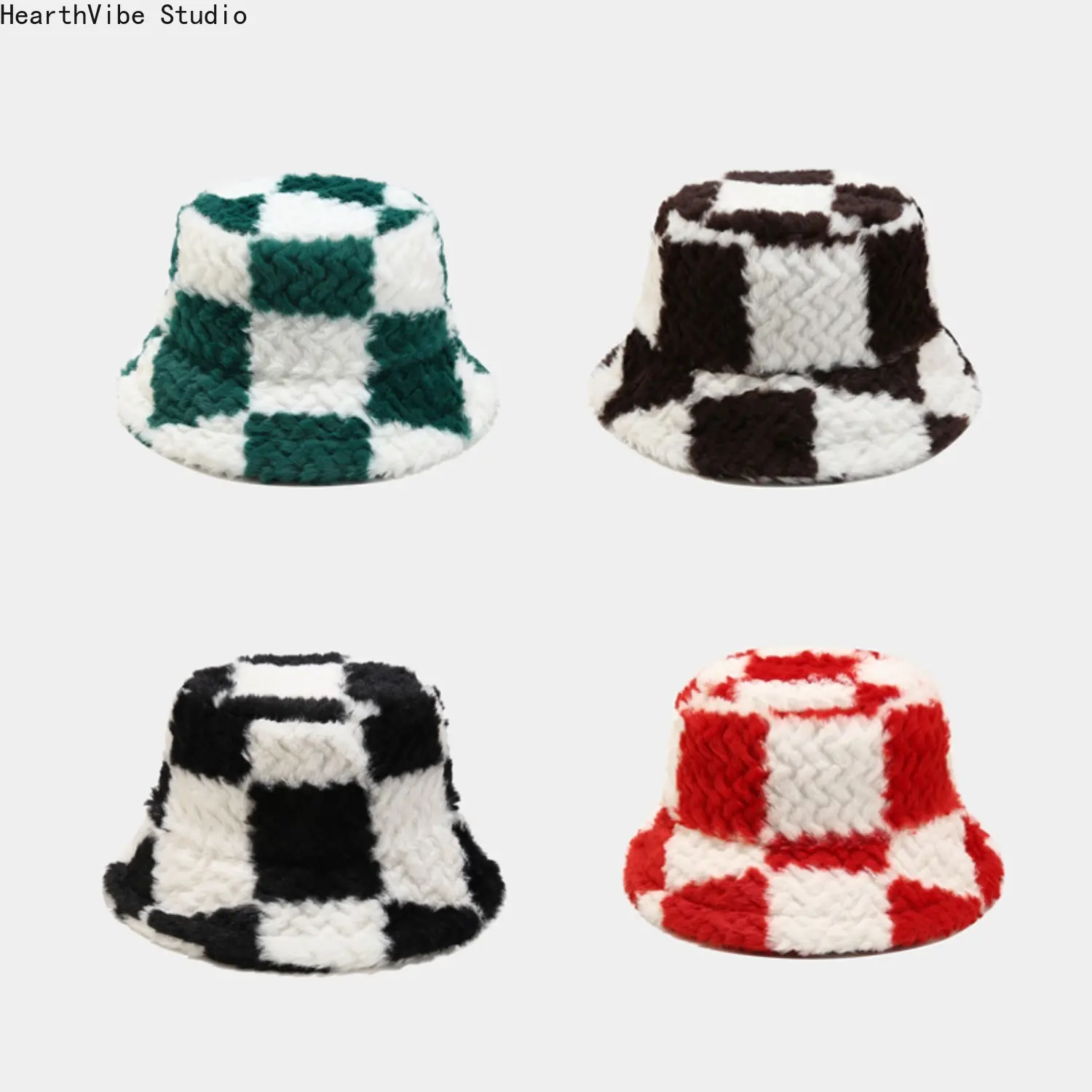Women's Unisex Winter Fuzzy Texture Checkerboard Bucket Hat, Plush Fabric Warm & Soft Fisherman Cap for Outdoor Wear, Skiing Daily Casual Gift