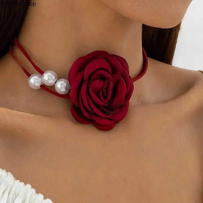 Elegant Red Rose Pendant Necklace For Women Crafted With Exquisite 3D Flower Design And Delicate Pearl Link Chain, Romantic Floral Statement Jewelry Accessory Suitable For Daily Casual Wear, Dating And Formal Party Styling