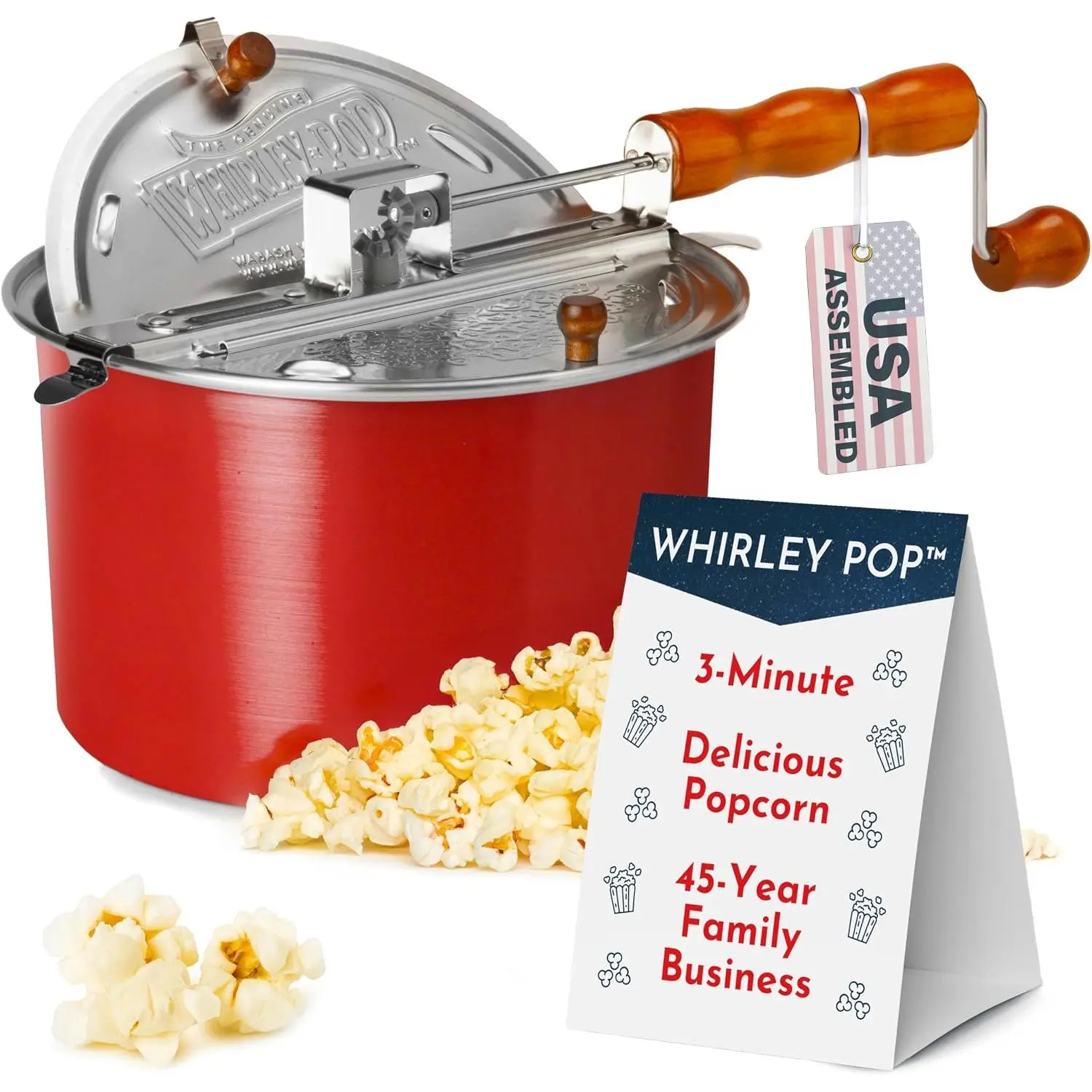 Whirley Pop Manual Crank Stovetop Popcorn Machine - Nylon Gears Red Pot, 3-Minute Maker with Synthetic Durable Parts, Every Kernel Pops for Movie Night Enthusiasts