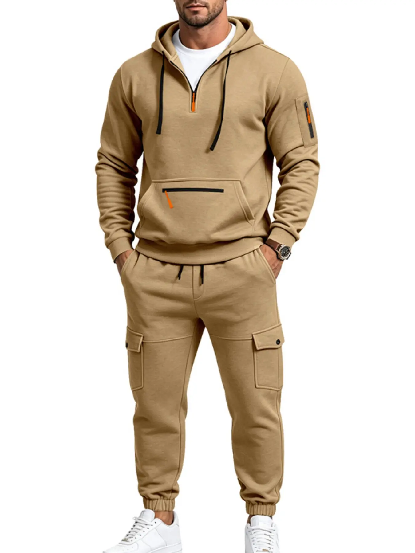 Men's half-zip hooded sweatshirt and cargo pants set - multi-pocketed ankle-closed casual sports outfit - loose and crisp fit - suitable for daily workouts and commuting