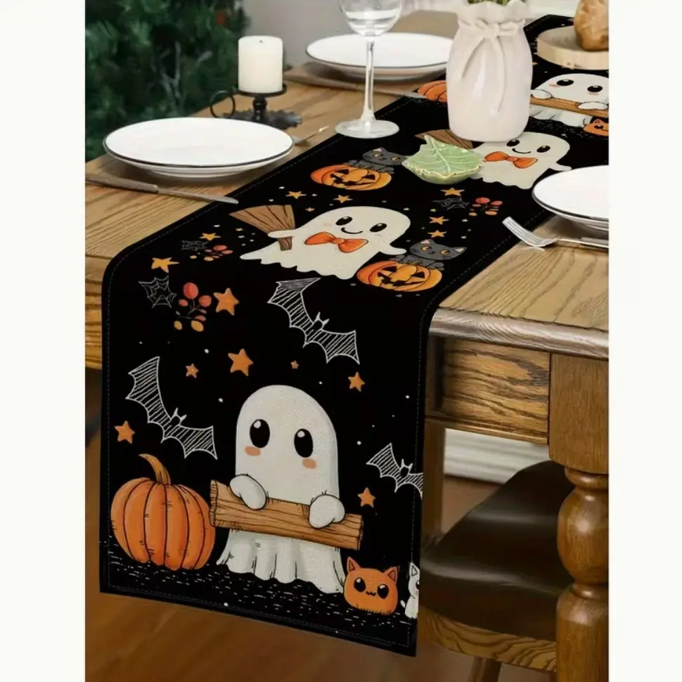 1pc Halloween Table Runner，Cute Little Pumpkin Design with Bats, Jack-O'-Lanterns & Spiders, for Festive Dining, Coffee Tables, Halloween Decorations，Holiday Decor，party decoration