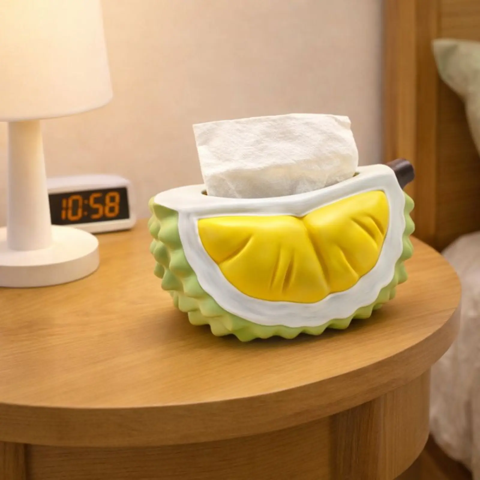 Durian Shaped Tissue Box Home Decor Cute Fruit Resin Napkin Holder Tabletop Tissue Dispenser 3D Embossed Durian Pulp Design Novelty Tissue Storage Box Funny Realistic Fruit Tissue Case For Bedroom Living Room Cafe Hand-painted Resin Large Capacity Easy To