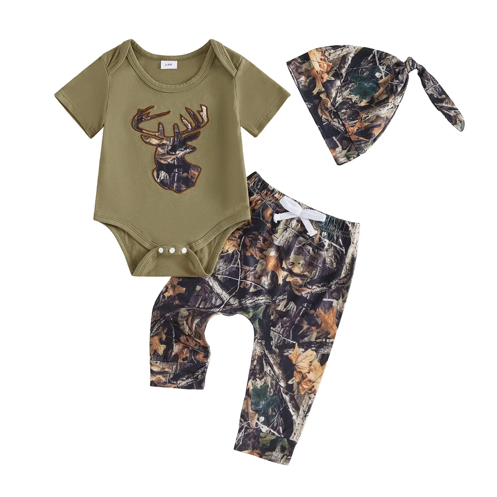 Canrulo Newborn Baby Boy Hunting Outfit Deer Antler Embroidery Short Sleeve Romper Jungle Camo Pants Set Hat 3Pcs Clothes 0-18M