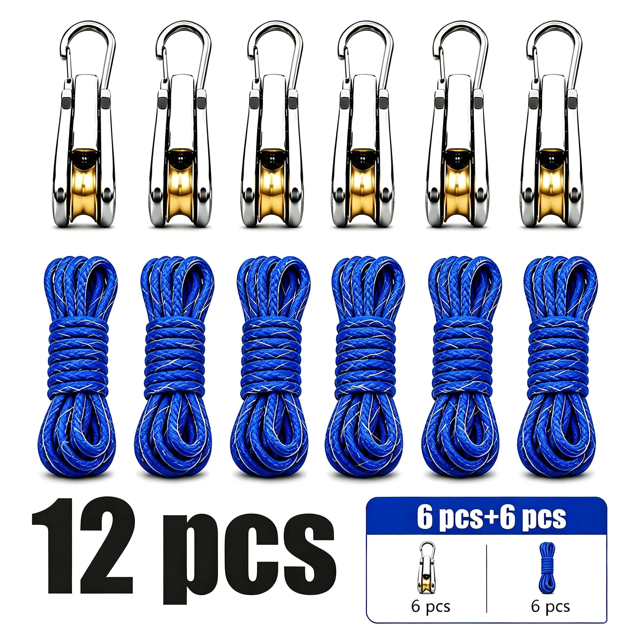 12-Piece Adjustable Rope Pulley Hanging Kit, Includes 6 Metal Hooks and 6 Heavy Duty Nylon Ropes, Lifting System for Tents, Plants, Storage Baskets