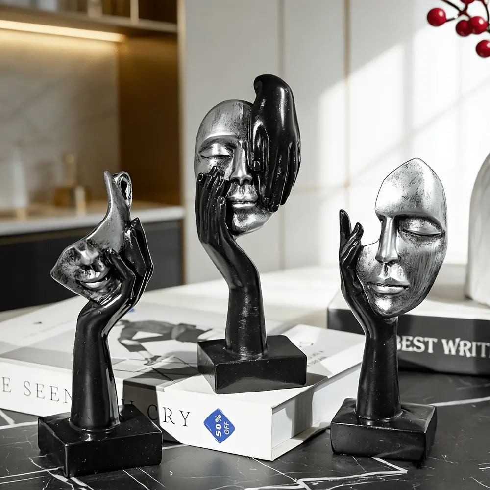 Modern Abstract Face Sculpture, Thinker Statue Ornament, Silver Resin Art Decor, Home Living Room, Bedroom, Office, Bookshelf Decoration