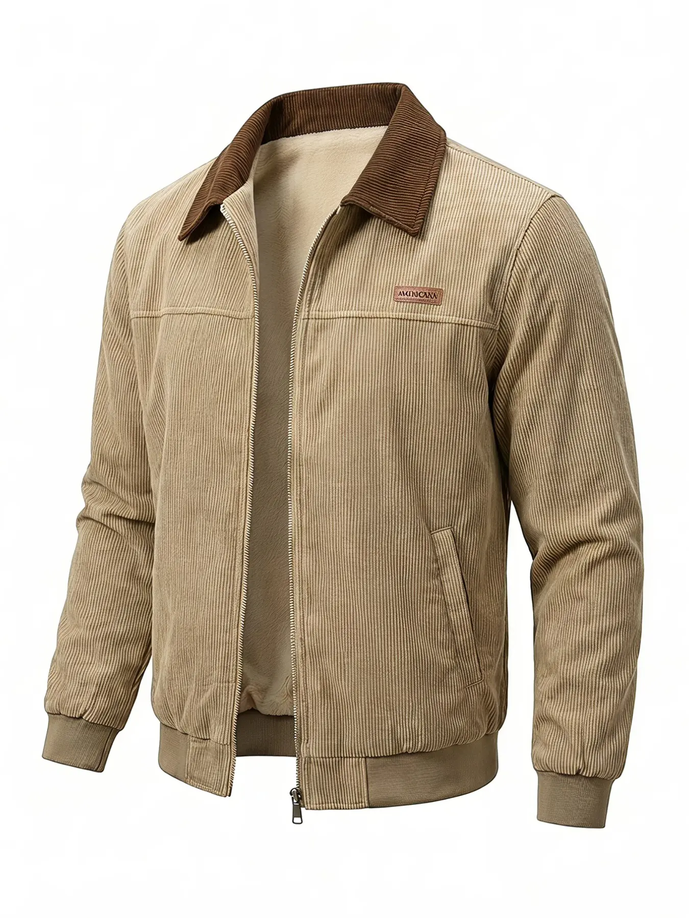 Men's Fleece Lined Pilot Jacket, Colorblock Ribbed Neck, Full Zipper Leather Patch, Vintage Winter Warm Coat, Stylish Outerwear