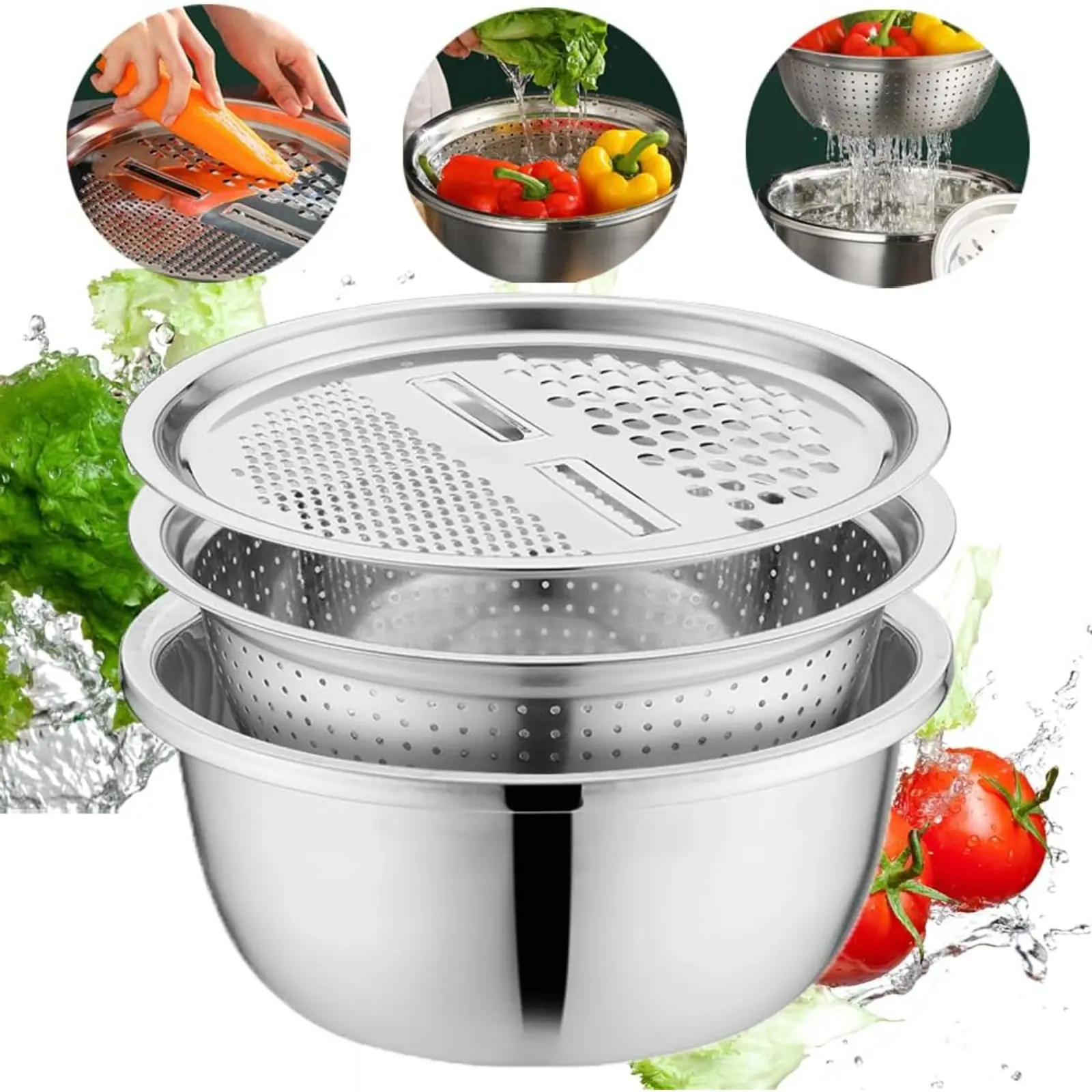 3‑Pack Thickened Stainless‑Steel Bowl With Removable Drain Basket, Multifunctional Kitchen Colander Mixing Bowl Set, for Rice Washing, Fruit Vegetable Rinsing and Daily Food Preparation