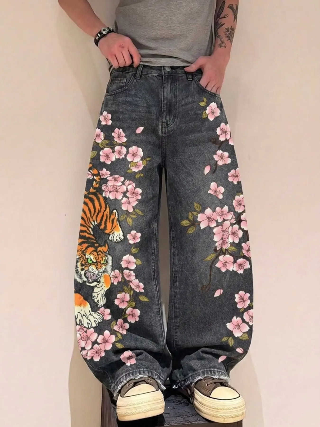 Vintage Tiger Cherry Blossom Jeans, Loose-Fit Straight Leg Pants, Unisex Casual Style, All-Season Wear, Unique Brand Design, Clothes, Floral