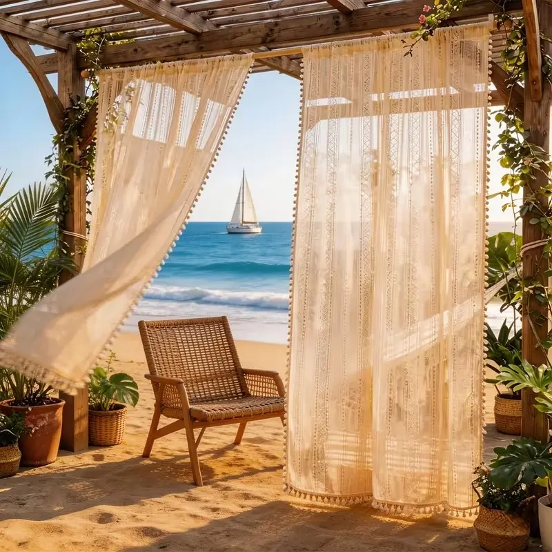Boho Style Outdoor Curtain Set, Lightweight Curtains Breathable Sunscreen Drapes, Perfect for Patio, Balcony, Wedding Decor, Spring & Summer
